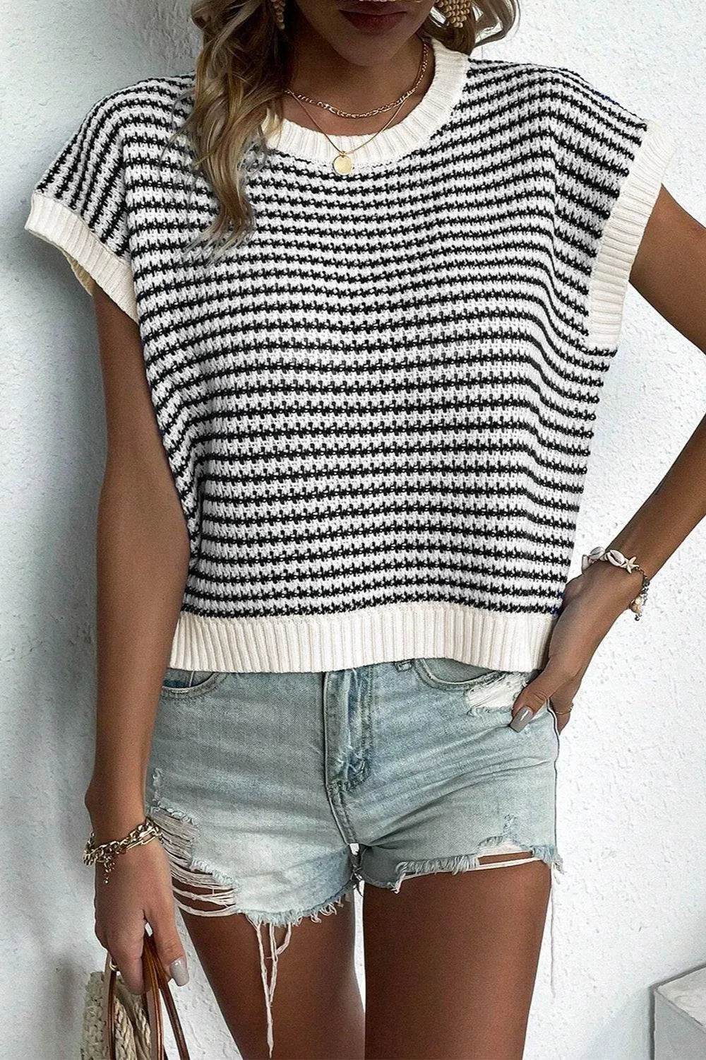 Striped Round Neck Sweater Vest - Bona Fide Fashion