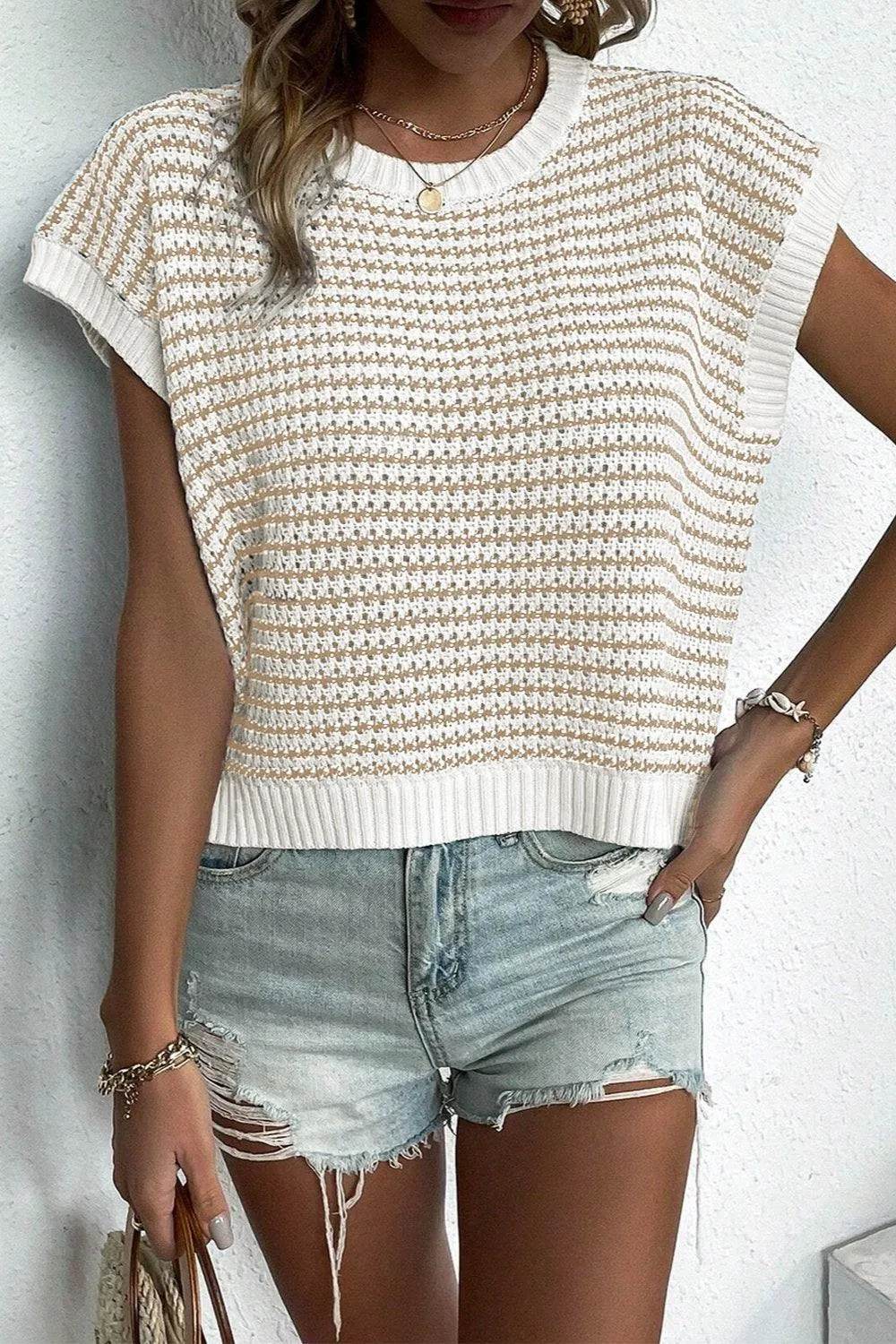 Striped Round Neck Sweater Vest - Bona Fide Fashion