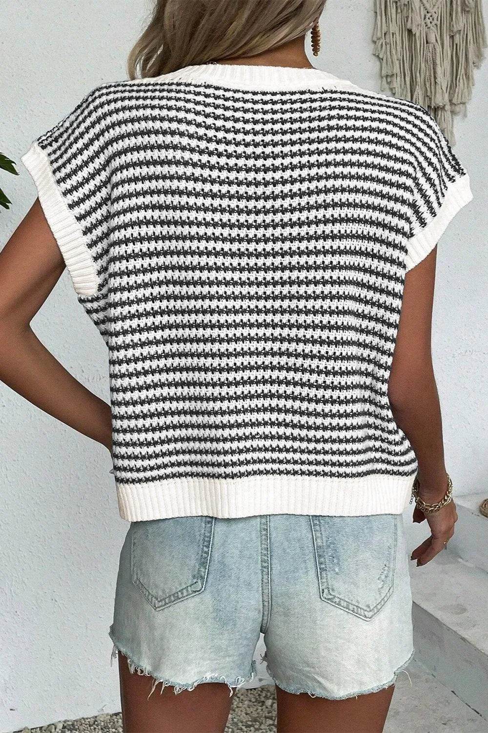 Striped Round Neck Sweater Vest - Bona Fide Fashion