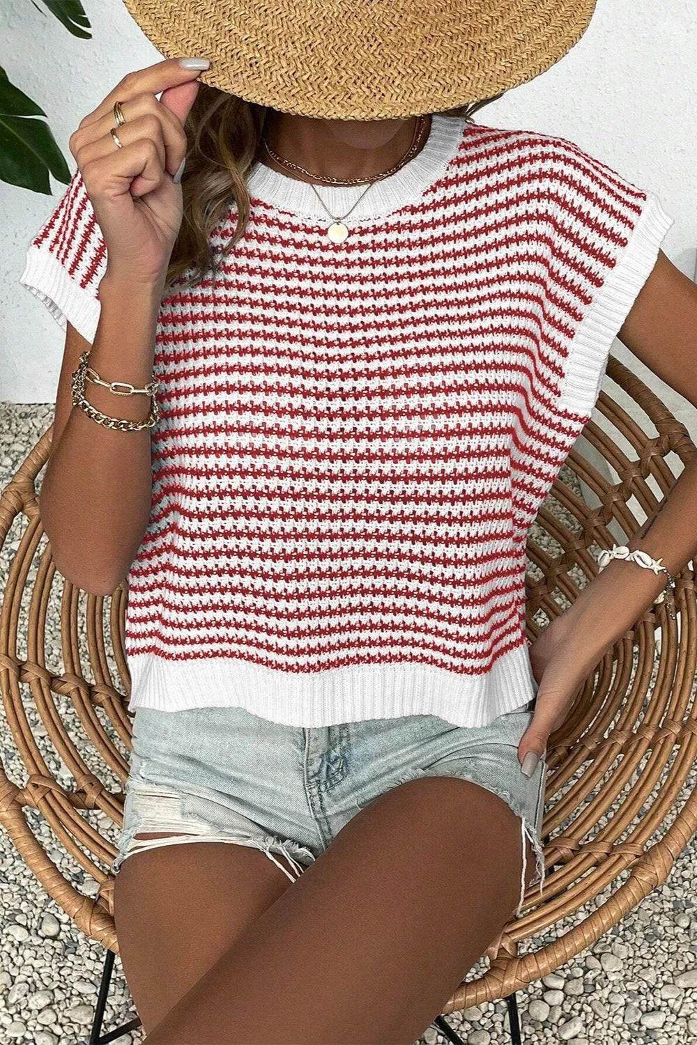 Striped Round Neck Sweater Vest - Bona Fide Fashion