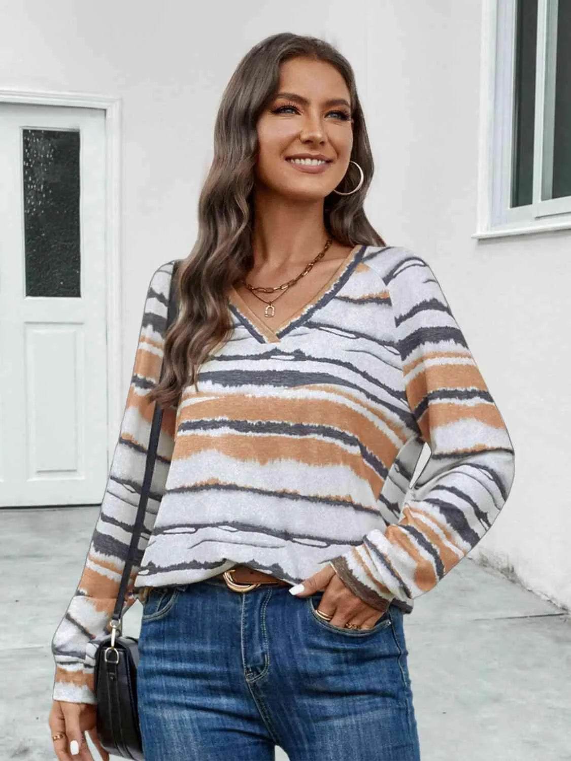 Striped V-Neck Long Sleeve T-Shirt - Bona Fide Fashion