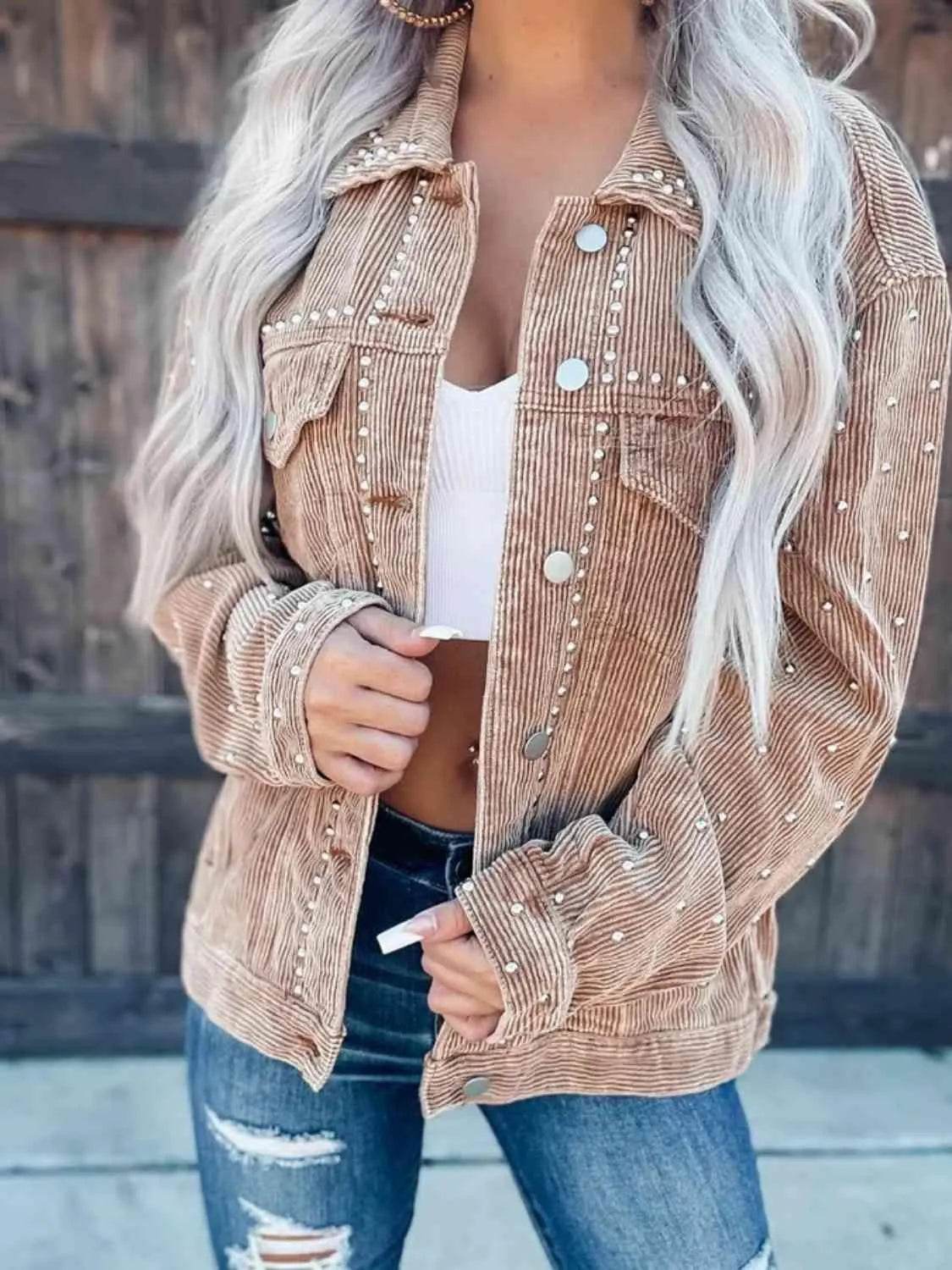 Studded Collared Neck Button Down Jacket - Bona Fide Fashion