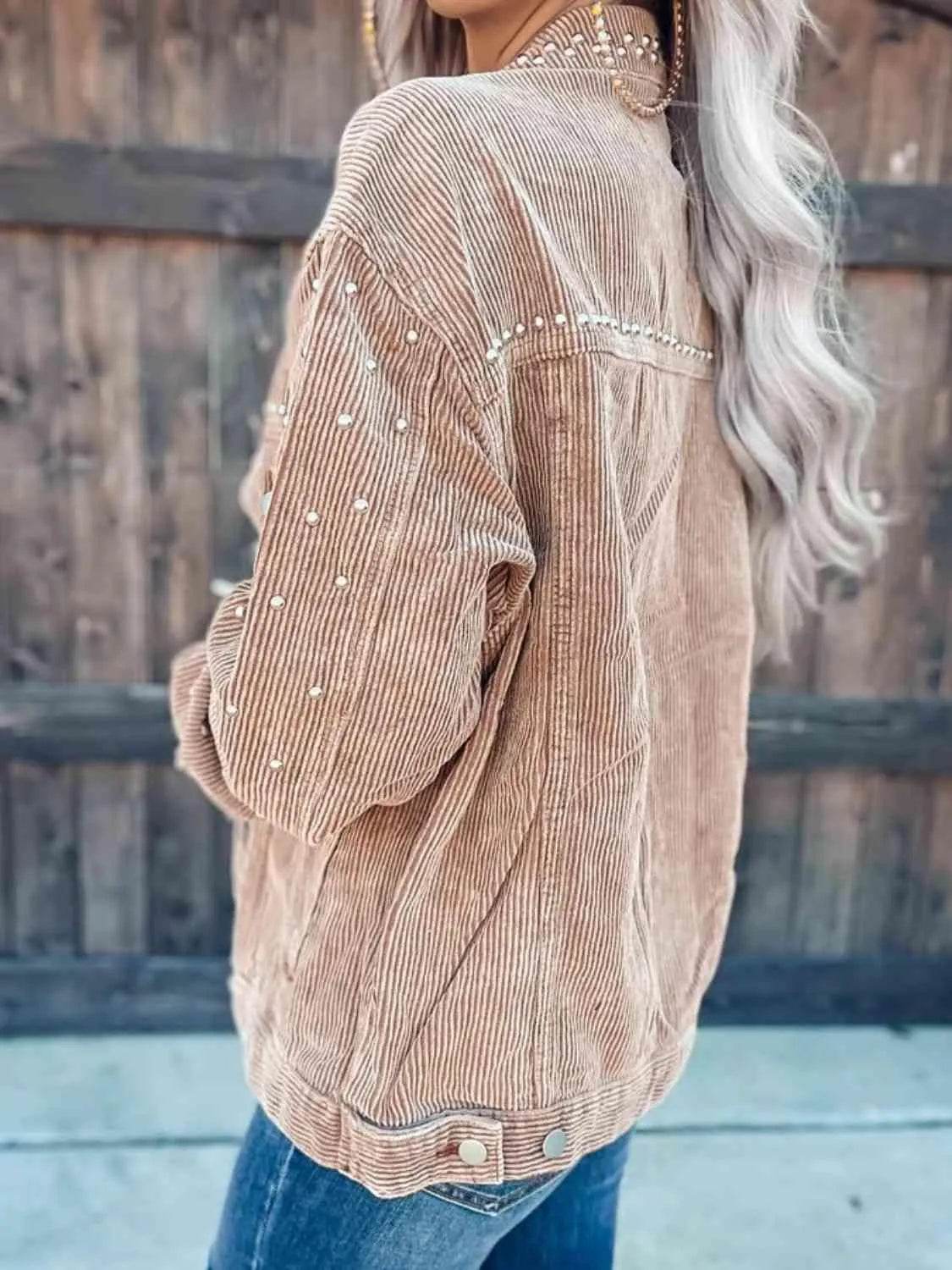 Studded Collared Neck Button Down Jacket - Bona Fide Fashion