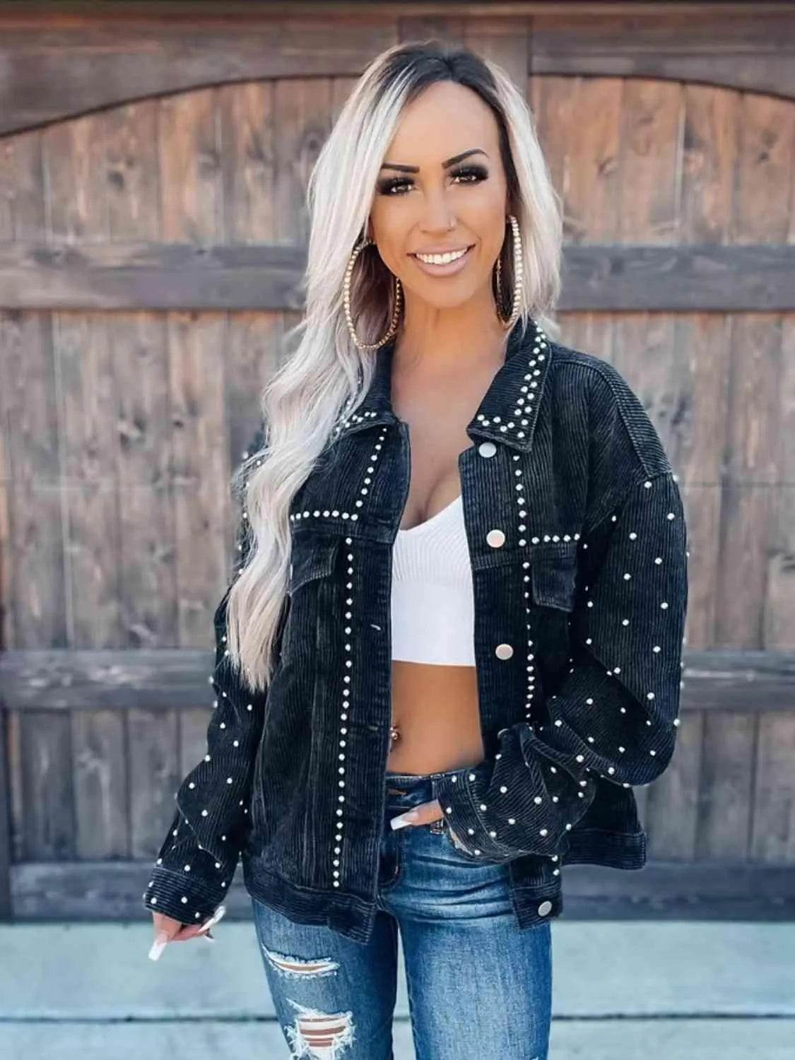 Studded Collared Neck Button Down Jacket - Bona Fide Fashion