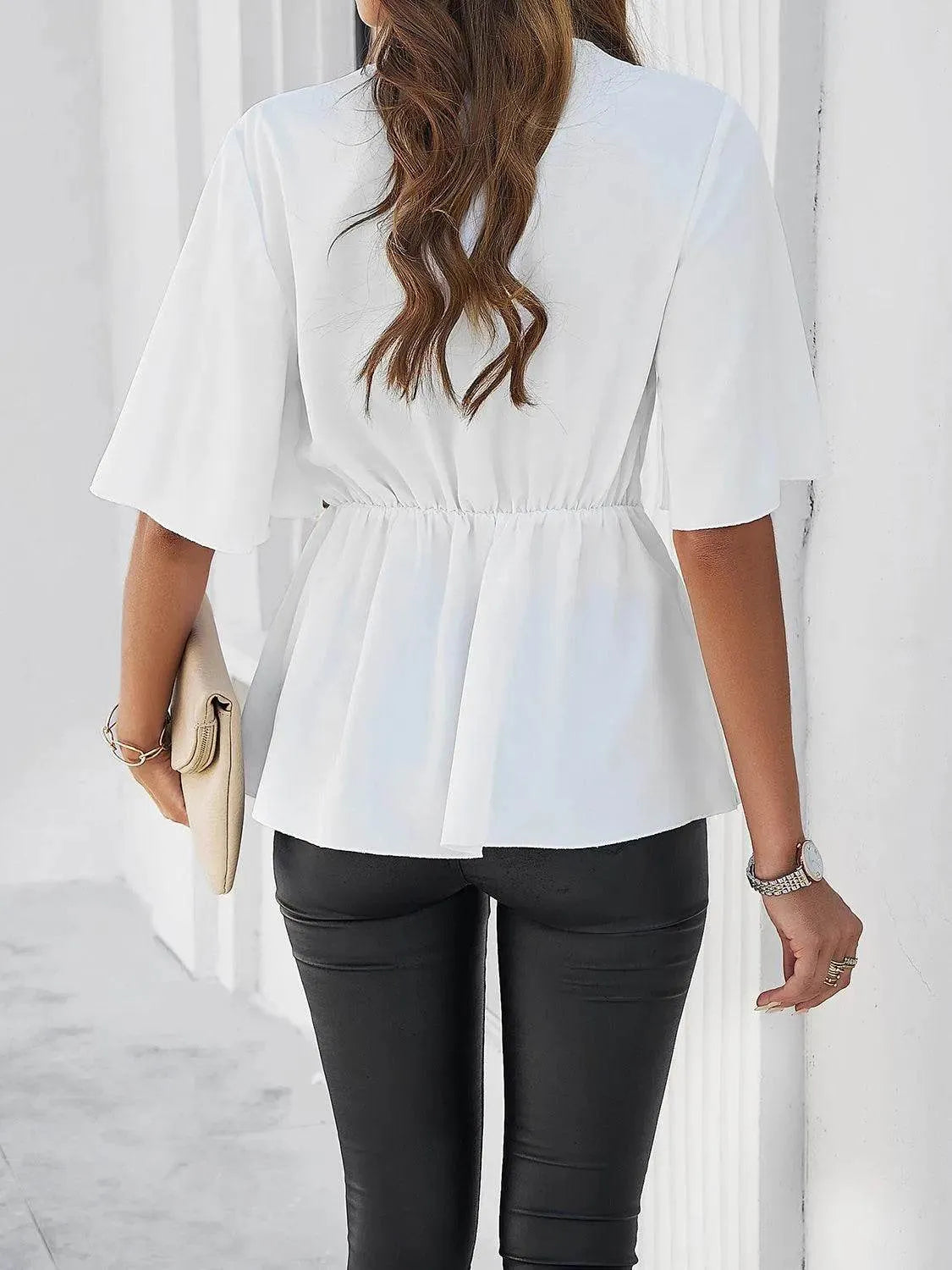Surplice Tie Waist Half Sleeve Blouse - Bona Fide Fashion