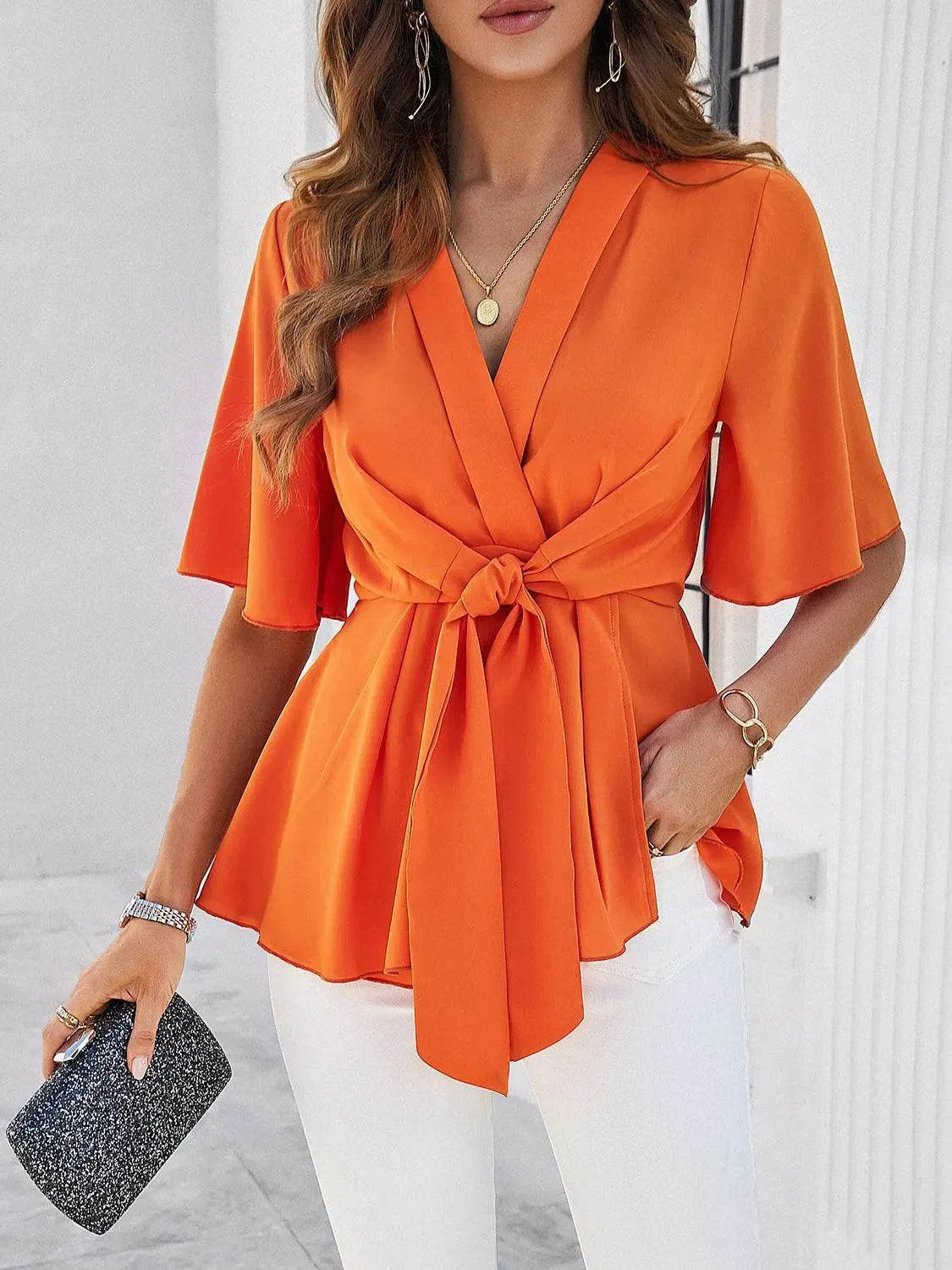 Surplice Tie Waist Half Sleeve Blouse - Bona Fide Fashion