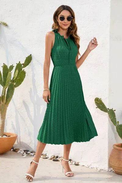 Swiss Dot Tie Neck Sleeveless Dress - Bona Fide Fashion