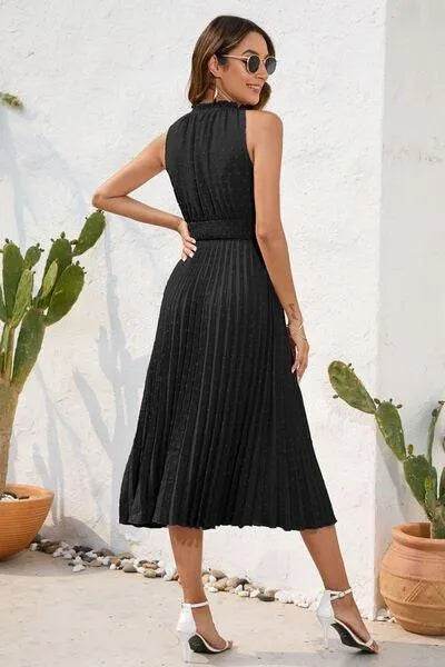 Swiss Dot Tie Neck Sleeveless Dress - Bona Fide Fashion