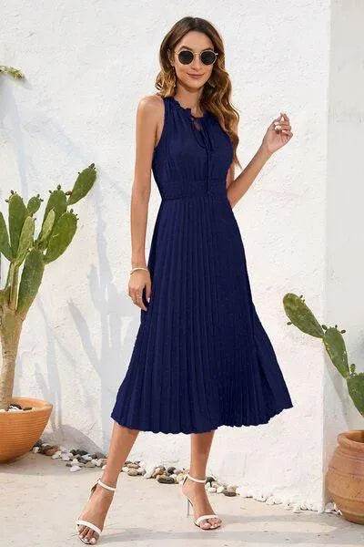 Swiss Dot Tie Neck Sleeveless Dress - Bona Fide Fashion