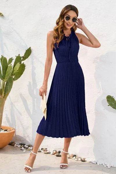Swiss Dot Tie Neck Sleeveless Dress - Bona Fide Fashion
