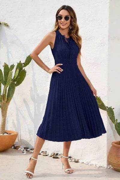 Swiss Dot Tie Neck Sleeveless Dress - Bona Fide Fashion