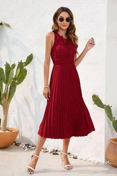 Swiss Dot Tie Neck Sleeveless Dress - Bona Fide Fashion