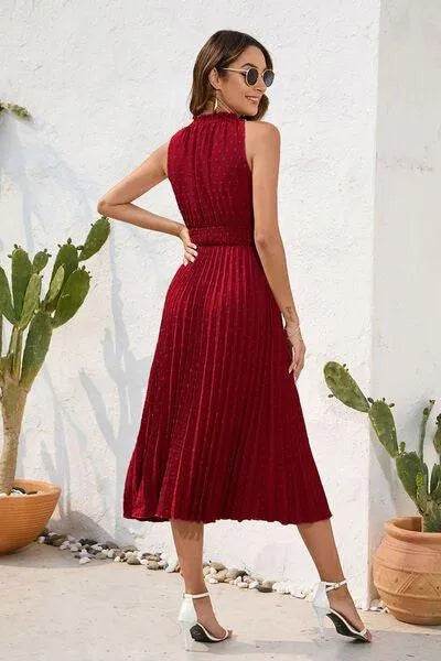 Swiss Dot Tie Neck Sleeveless Dress - Bona Fide Fashion