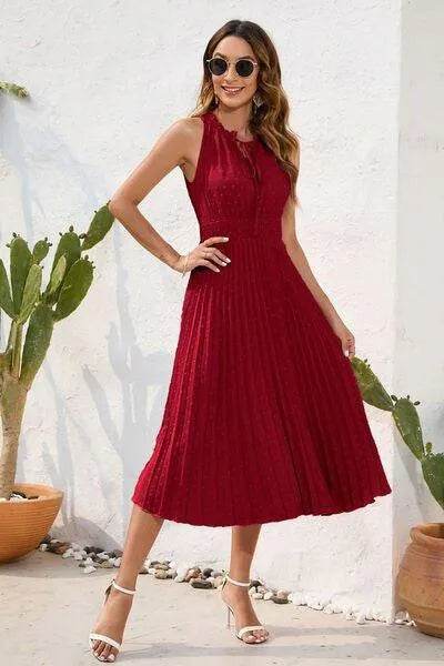 Swiss Dot Tie Neck Sleeveless Dress - Bona Fide Fashion