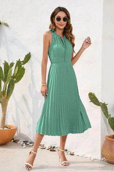 Swiss Dot Tie Neck Sleeveless Dress - Bona Fide Fashion