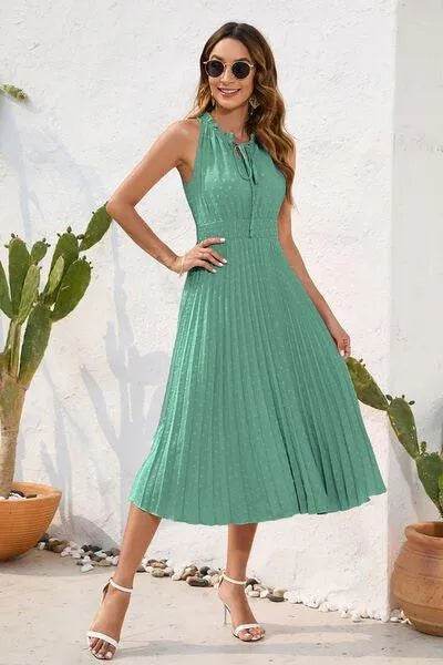 Swiss Dot Tie Neck Sleeveless Dress - Bona Fide Fashion