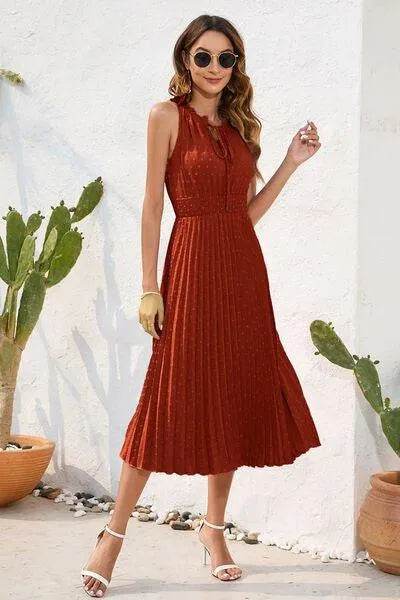 Swiss Dot Tie Neck Sleeveless Dress - Bona Fide Fashion