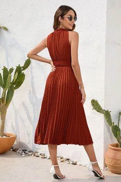 Swiss Dot Tie Neck Sleeveless Dress - Bona Fide Fashion