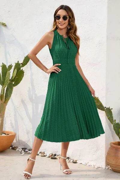Swiss Dot Tie Neck Sleeveless Dress - Bona Fide Fashion