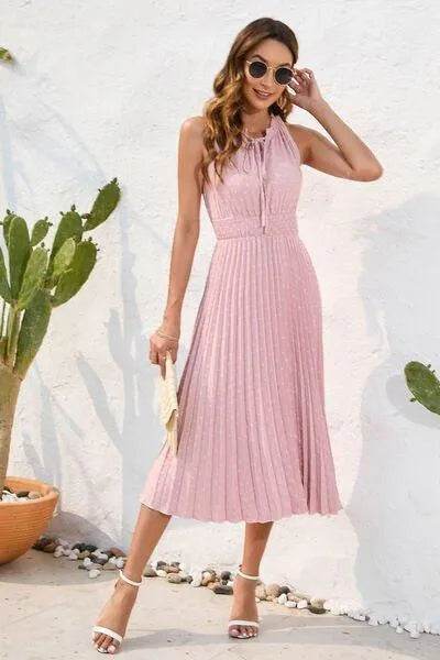 Swiss Dot Tie Neck Sleeveless Dress - Bona Fide Fashion