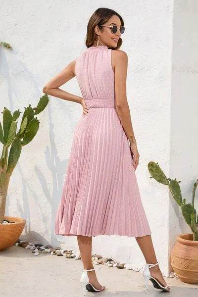 Swiss Dot Tie Neck Sleeveless Dress - Bona Fide Fashion