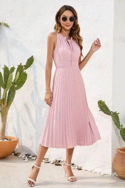 Swiss Dot Tie Neck Sleeveless Dress - Bona Fide Fashion