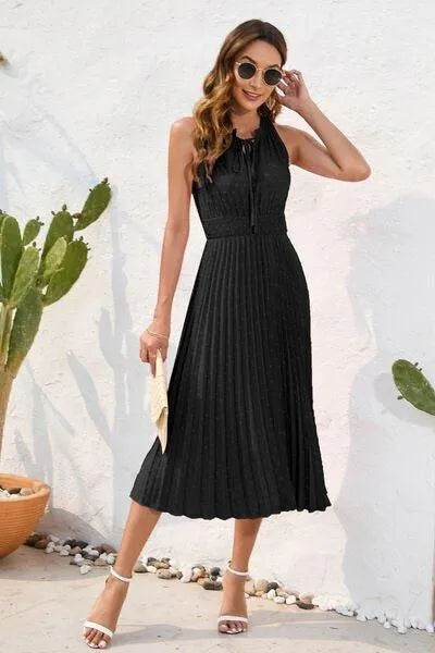 Swiss Dot Tie Neck Sleeveless Dress - Bona Fide Fashion