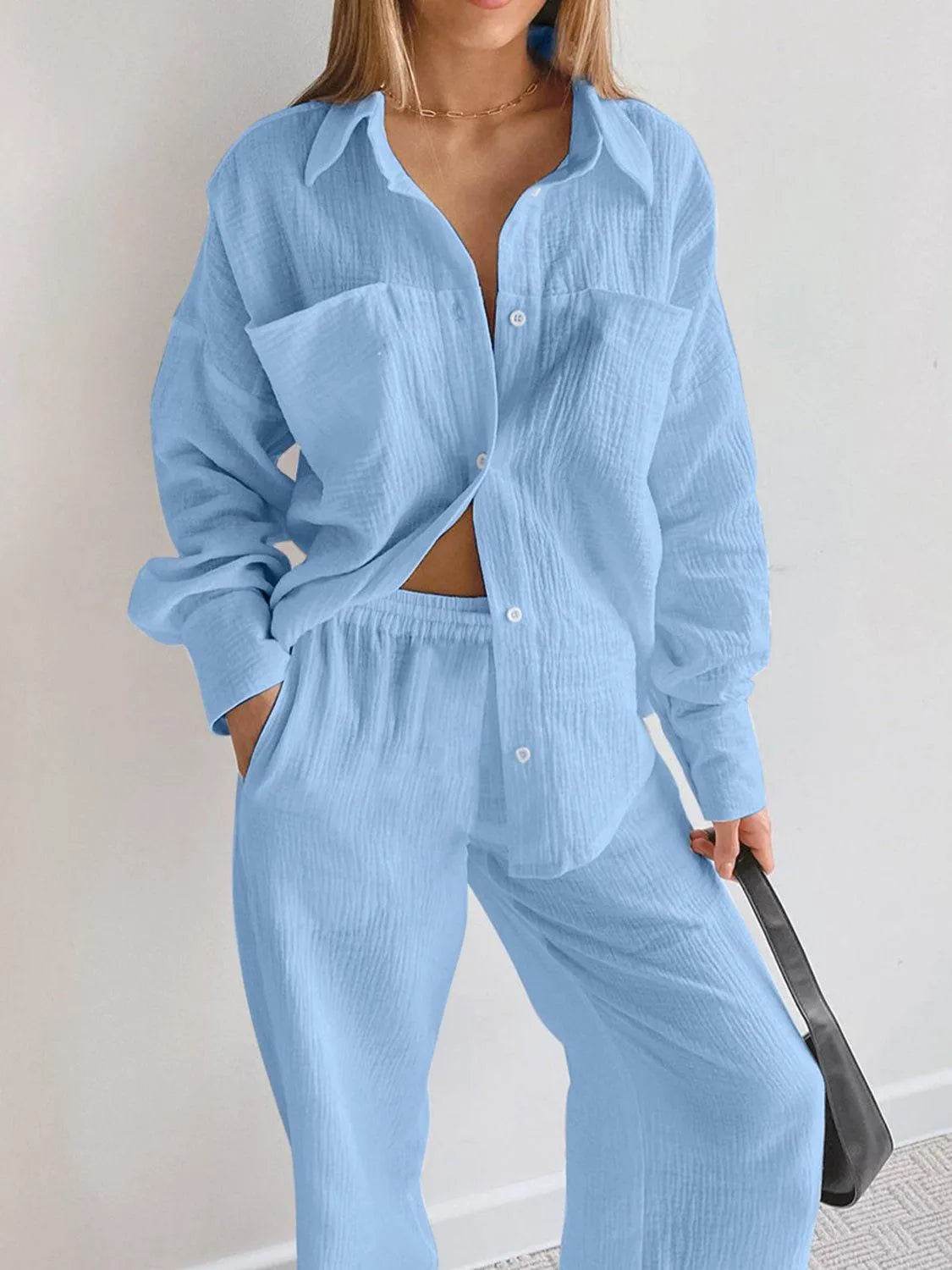 Texture Button Up Long Sleeve Shirt and Pants Set - Bona Fide Fashion