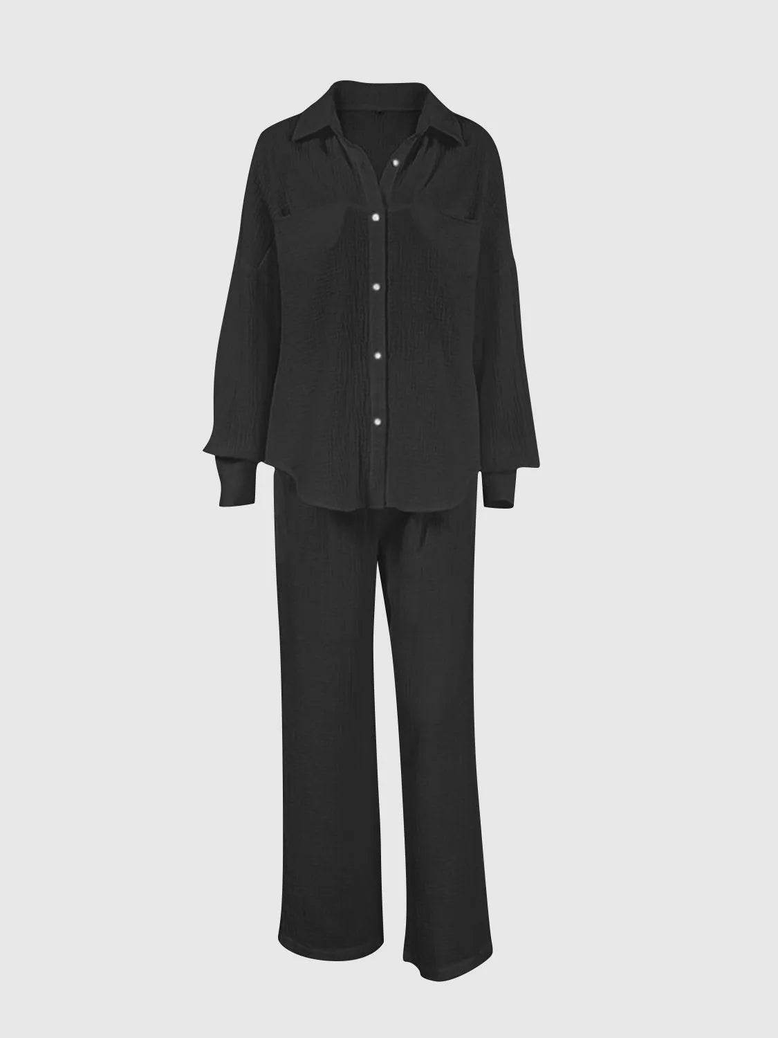 Texture Button Up Long Sleeve Shirt and Pants Set - Bona Fide Fashion