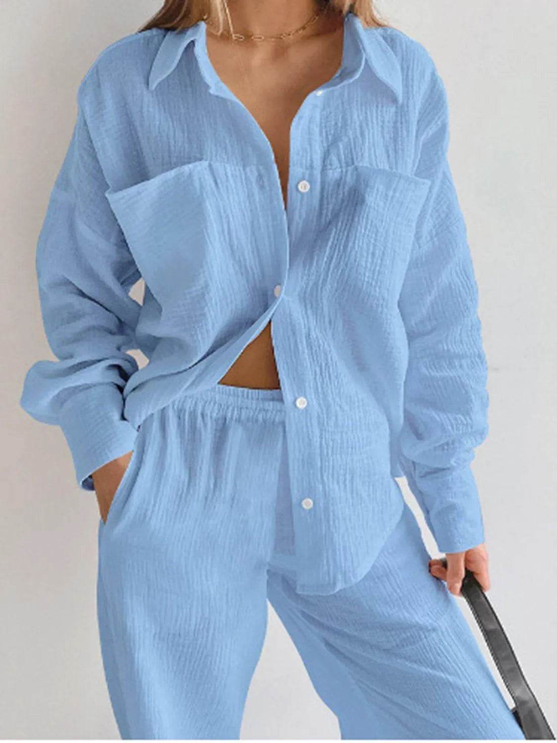 Texture Button Up Long Sleeve Shirt and Pants Set - Bona Fide Fashion