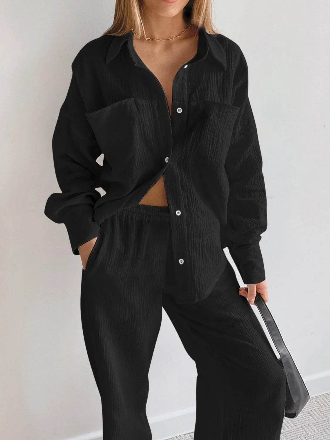 Texture Button Up Long Sleeve Shirt and Pants Set - Bona Fide Fashion