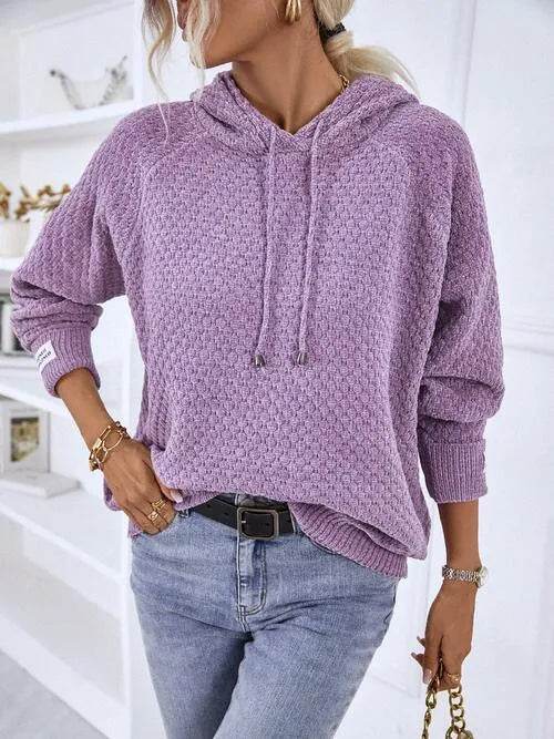 Texture Drawstring Long Sleeve Hooded Sweater - Bona Fide Fashion
