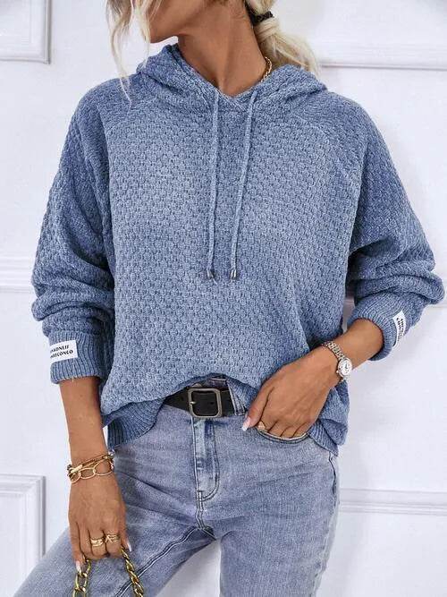 Texture Drawstring Long Sleeve Hooded Sweater - Bona Fide Fashion