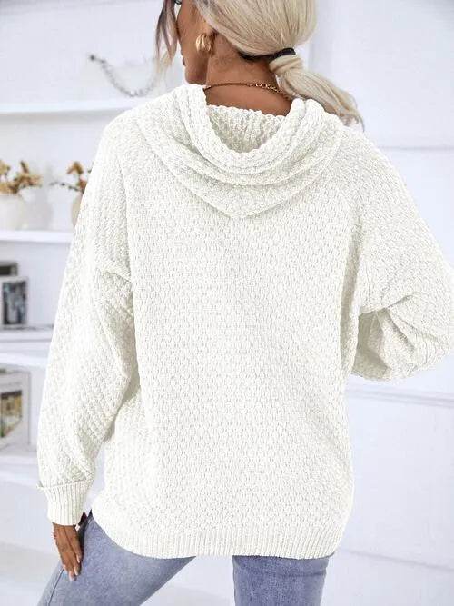Texture Drawstring Long Sleeve Hooded Sweater - Bona Fide Fashion