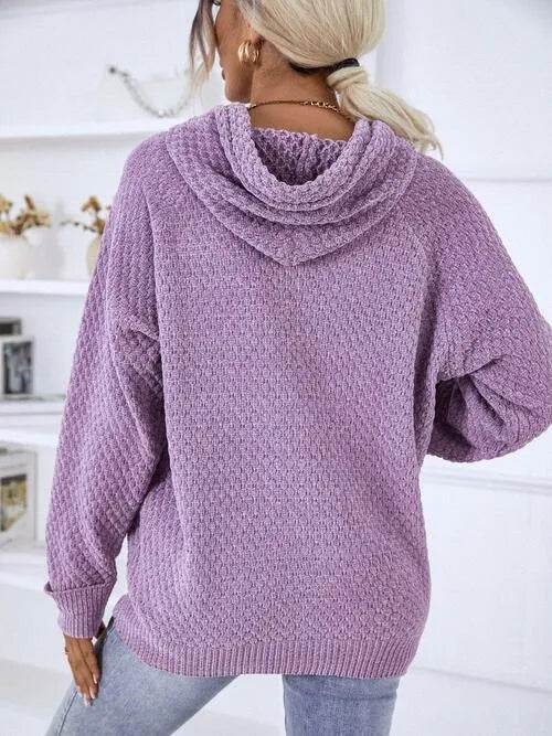 Texture Drawstring Long Sleeve Hooded Sweater - Bona Fide Fashion