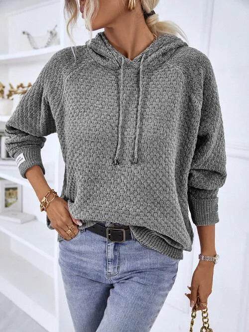 Texture Drawstring Long Sleeve Hooded Sweater - Bona Fide Fashion