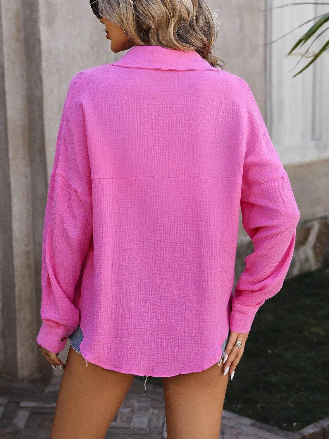 Textured Pocketed Button Up Dropped Shoulder Shirt - Bona Fide Fashion