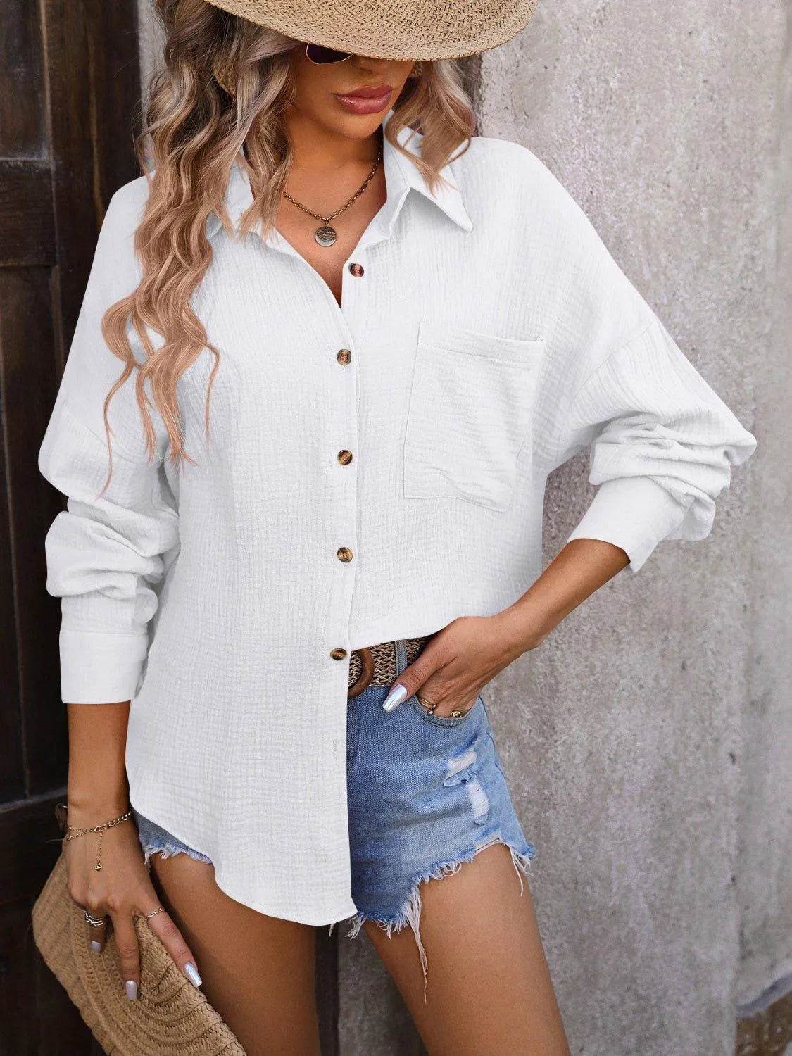 Textured Pocketed Button Up Dropped Shoulder Shirt - Bona Fide Fashion