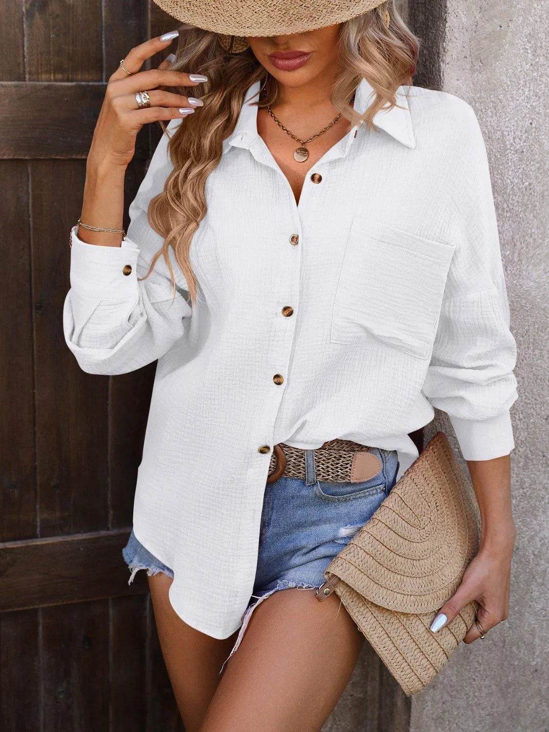 Textured Pocketed Button Up Dropped Shoulder Shirt - Bona Fide Fashion