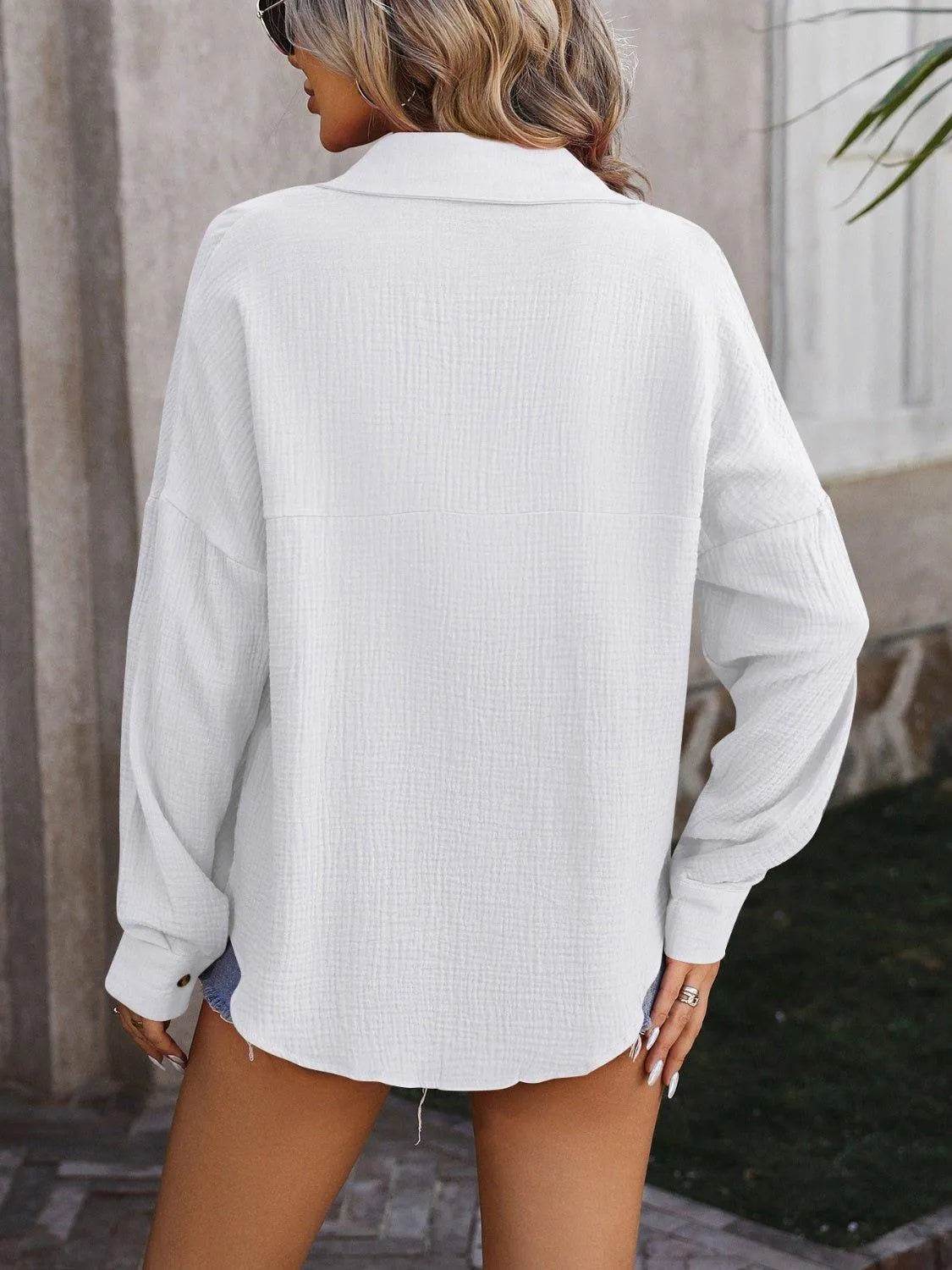 Textured Pocketed Button Up Dropped Shoulder Shirt - Bona Fide Fashion