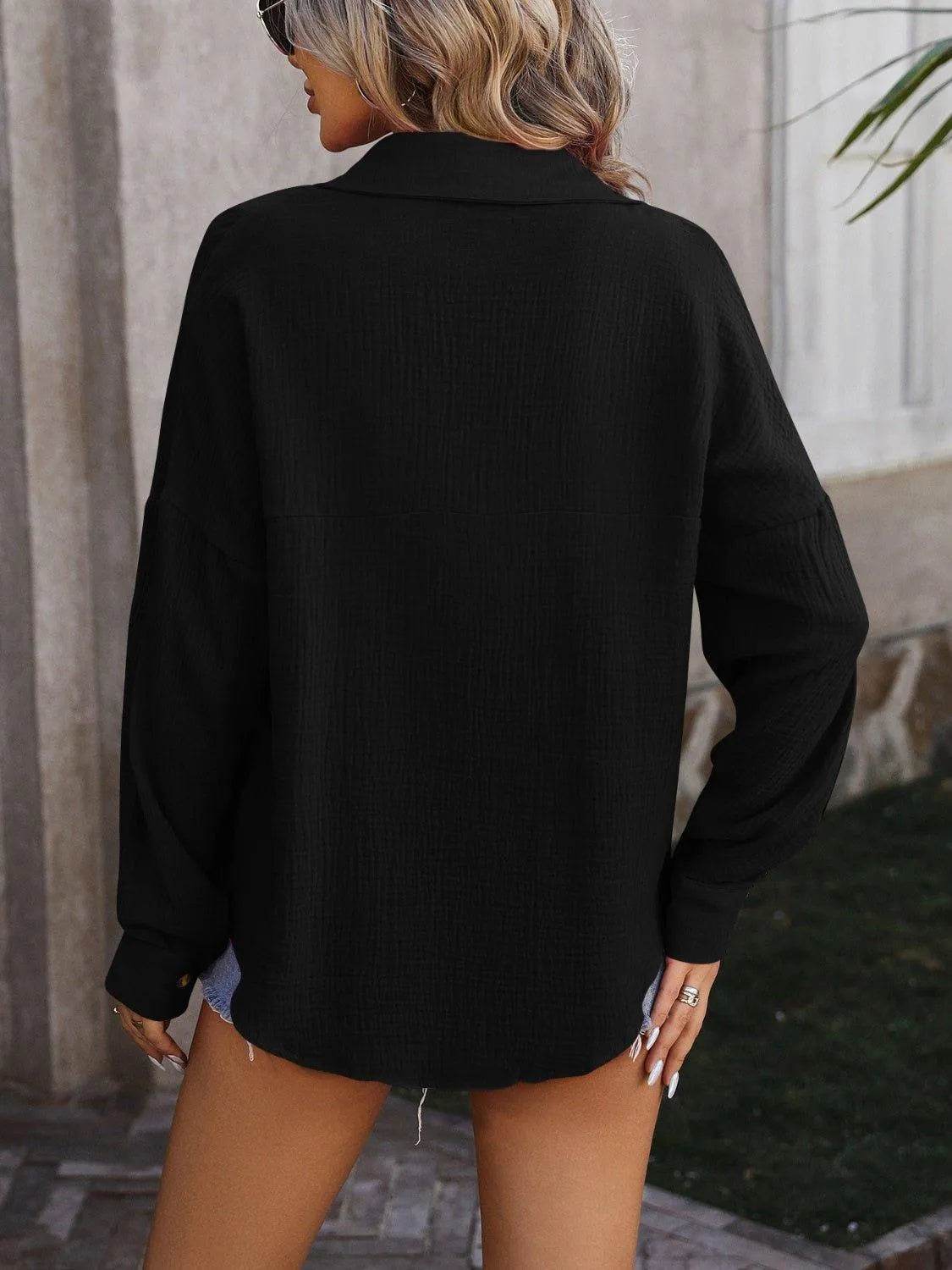 Textured Pocketed Button Up Dropped Shoulder Shirt - Bona Fide Fashion