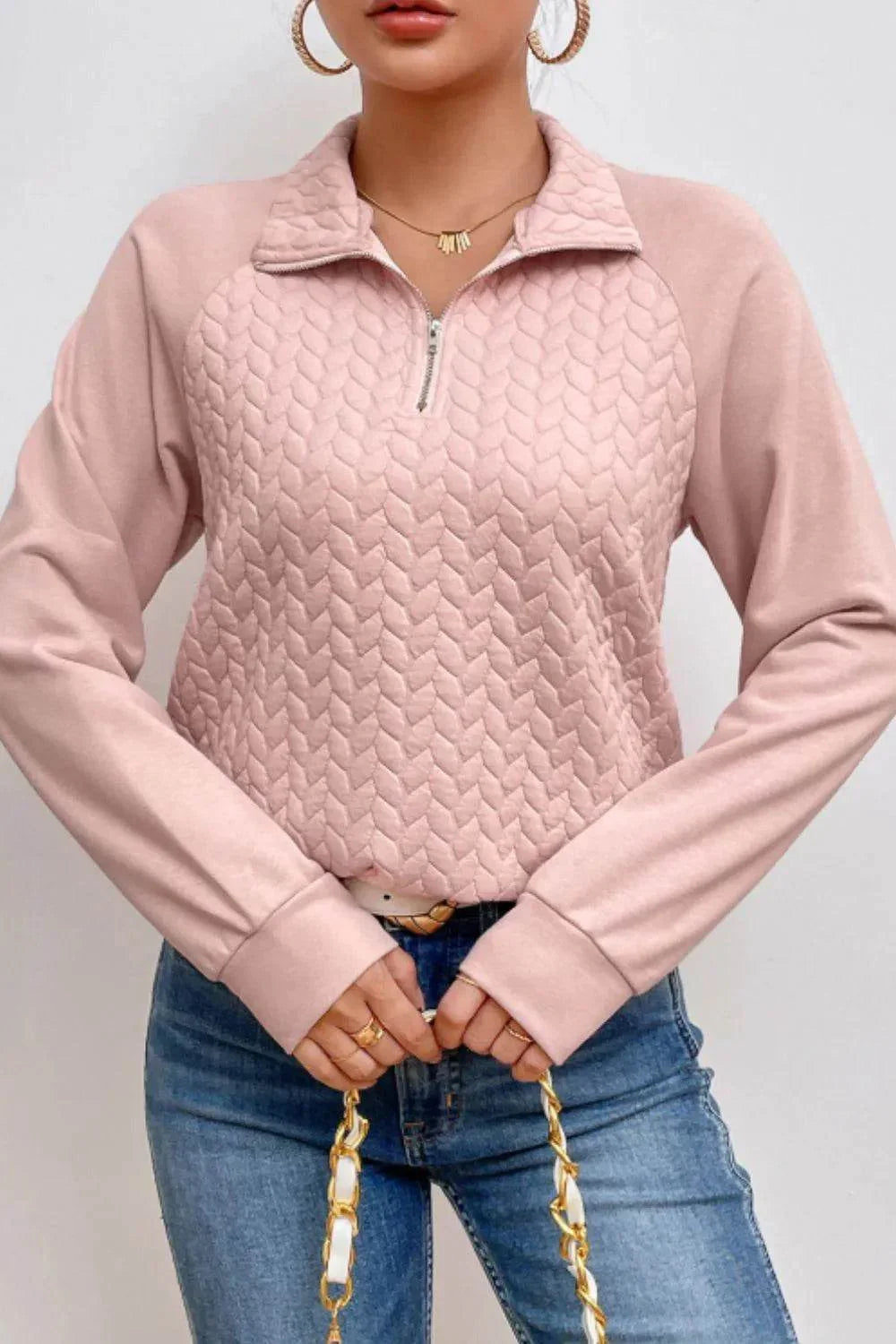 Textured Quarter Zip Long Sleeve Sweatshirt - Bona Fide Fashion