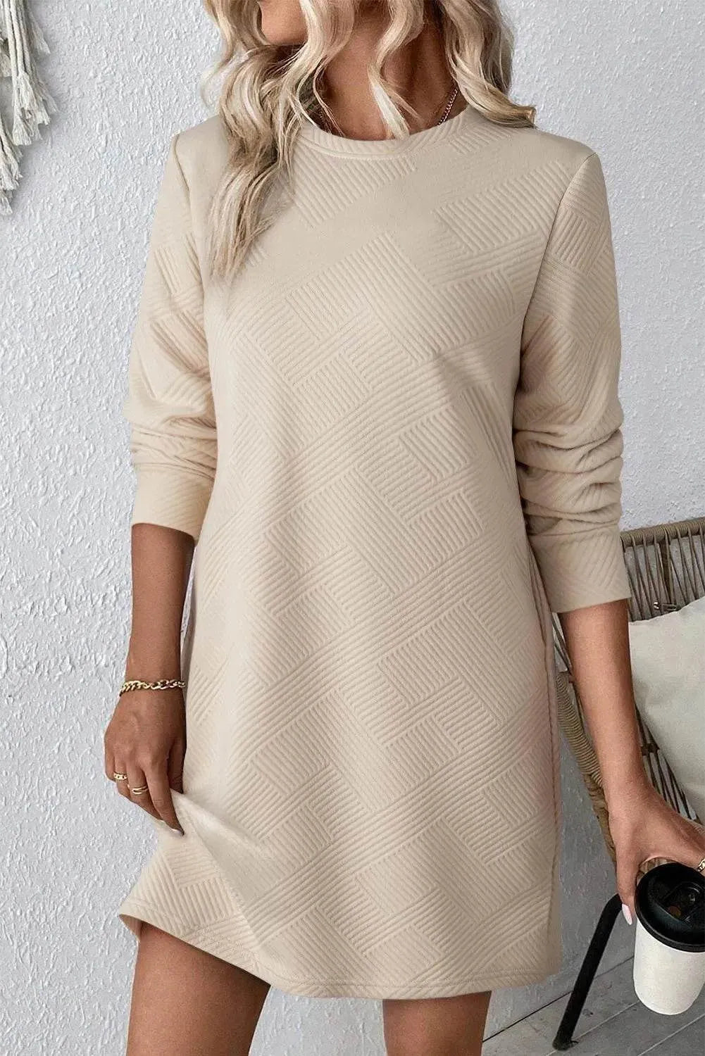 Textured Round Neck Long Sleeve Mini Dress - Bona Fide Fashion