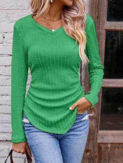 Textured Ruched V-Neck Long Sleeve T-Shirt - Bona Fide Fashion