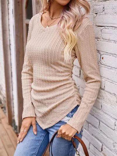 Textured Ruched V-Neck Long Sleeve T-Shirt - Bona Fide Fashion