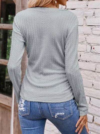 Textured Ruched V-Neck Long Sleeve T-Shirt - Bona Fide Fashion