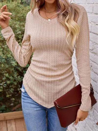 Textured Ruched V-Neck Long Sleeve T-Shirt - Bona Fide Fashion