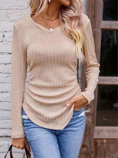 Textured Ruched V-Neck Long Sleeve T-Shirt - Bona Fide Fashion