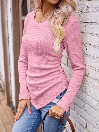 Textured Ruched V-Neck Long Sleeve T-Shirt - Bona Fide Fashion