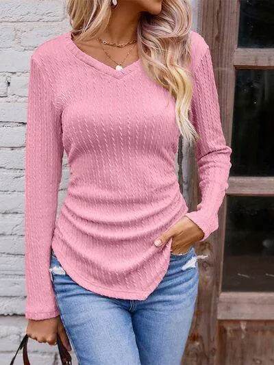 Textured Ruched V-Neck Long Sleeve T-Shirt - Bona Fide Fashion